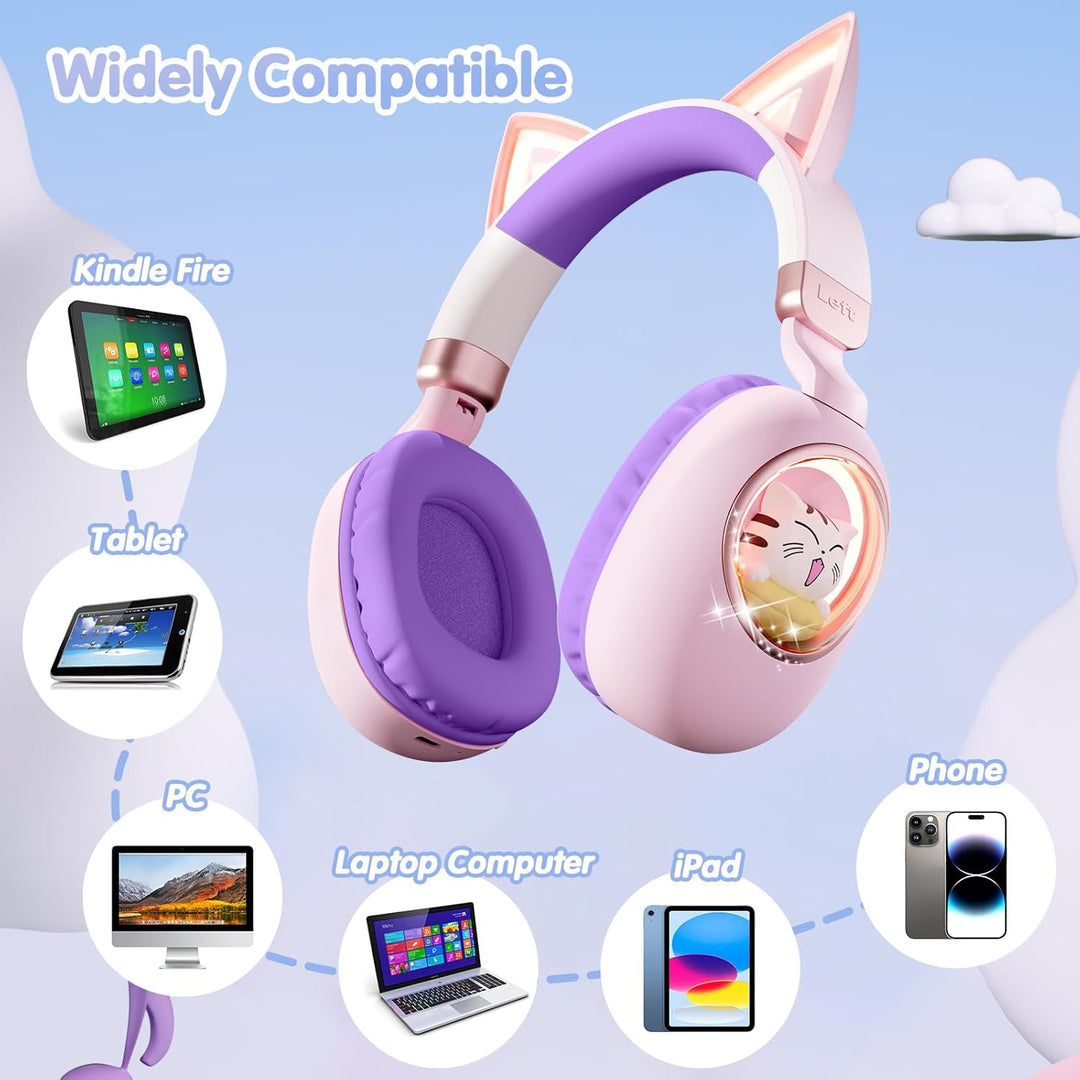 Kinder Kopfhörer mit Katzenohren, Bluetooth 5.4 Over-Ear Noise Cancelling Kopfhörer mit Mikrofon, LE