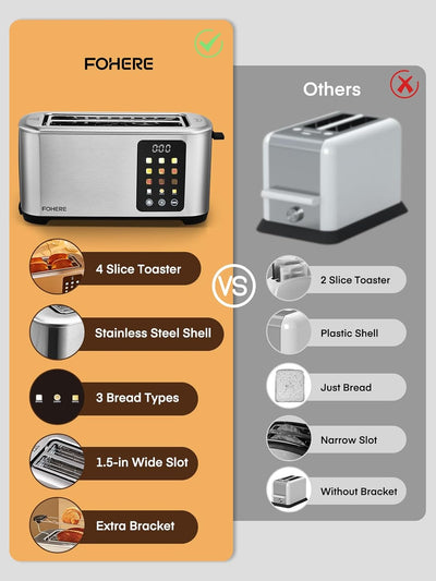 Toaster 4 Scheiben, Langschlitz Toaster, 1400W Edelstahl Toaster, 9 Farbeinstellungen und 3 Brotsort