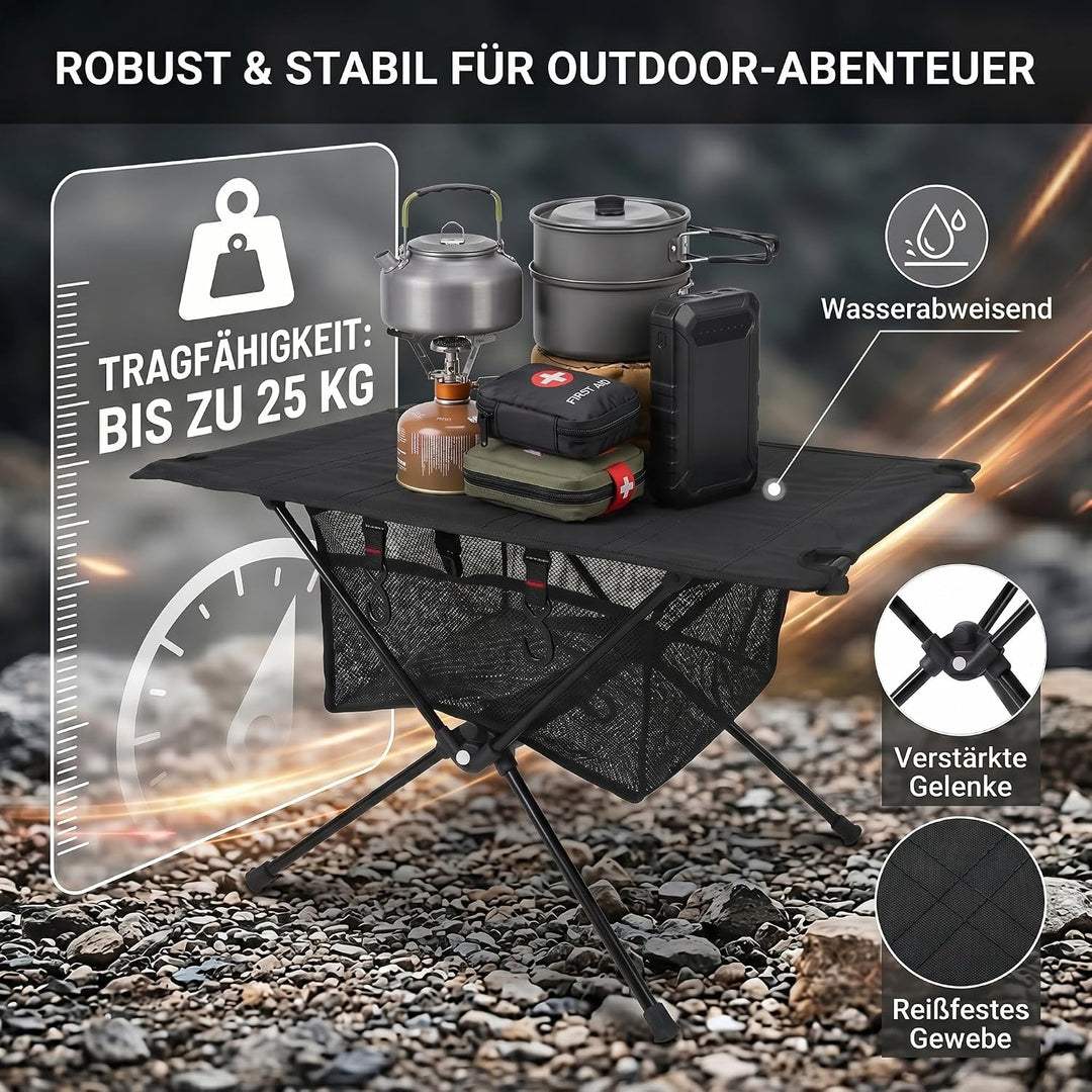 Campingtisch Klappbar Aluminium, Schwarz, 60x39x37cm | Ultraleicht, Taktisch, Aufbewahrungsnetz &amp; 4