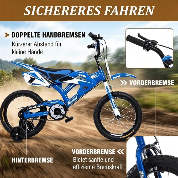 LSLIFE Motorrad-Stil Kinderfahrrad, 16/18 Zoll Fahrrad mit abnehmbaren Stützrädern, Stabil Sicher Ei