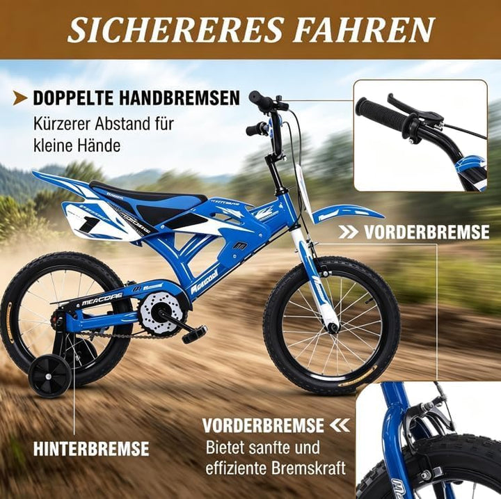 LSLIFE Motorrad-Stil Kinderfahrrad, 16/18 Zoll Fahrrad mit abnehmbaren Stützrädern, Stabil Sicher Ei