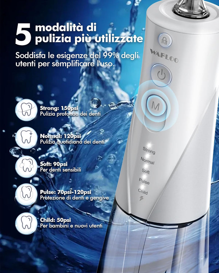 Munddusche Kabellos Water Flosser Zahnreinigung, 5 Modi, USB-C Ladefunktion, 6 Jet-Tipps, 300ML Wass