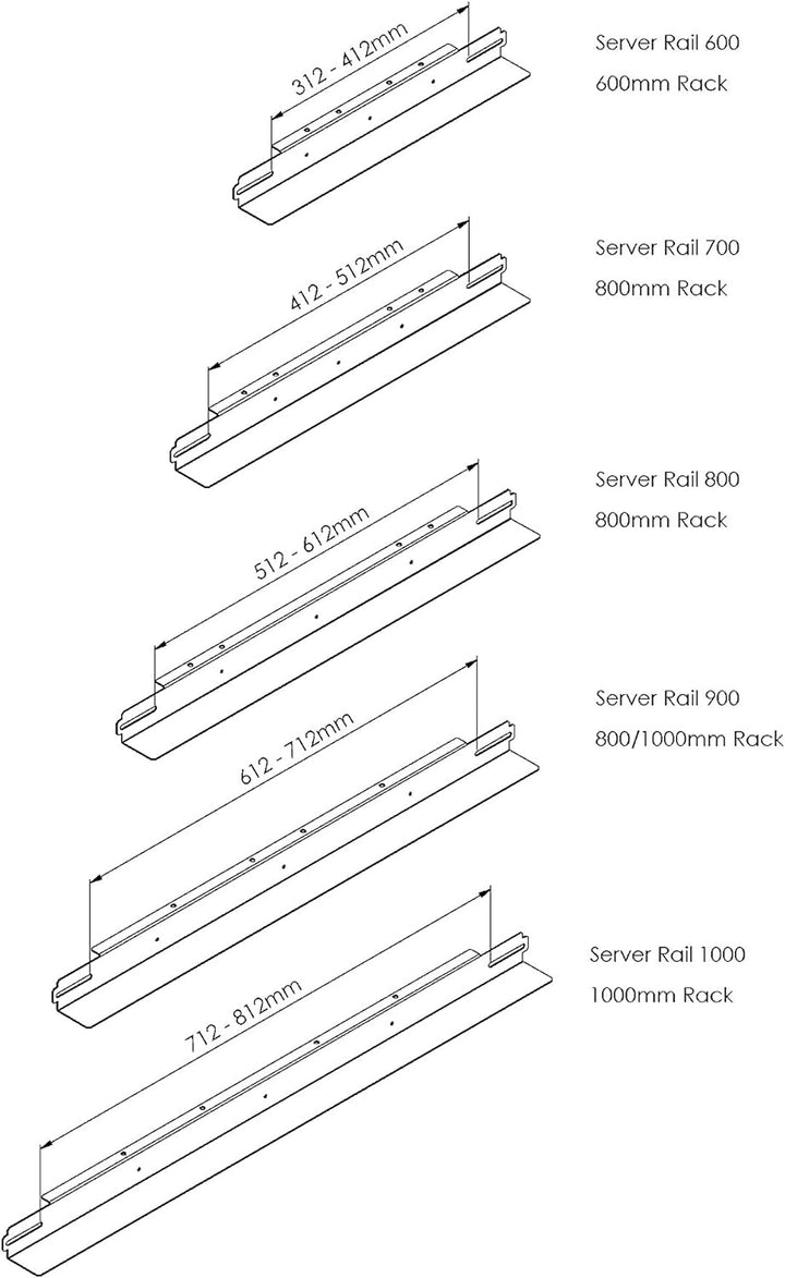 Rack Magic - 19 Zoll Schwerlast-Schienen für 4 Säulen Rackschränke mit 800mm Tiefe - Verzinkt - EIN