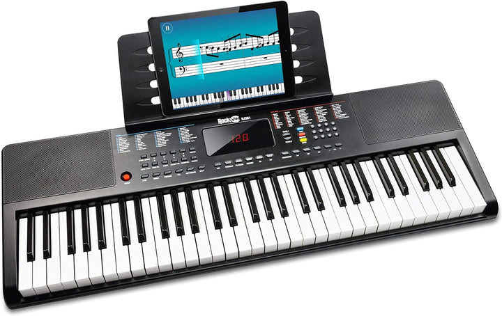 RockJam Compact 61 Key Keyboard with Sheet Music Stand, Power Supply, Piano Note Stickers & Simply P