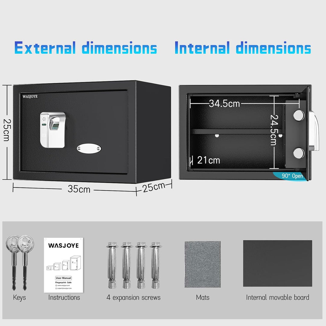 WASJOYE 25L Fingerabdruck Tresor Safe, Zahlenschloss, Biometrischer Möbeltresore, mit 2 Schlüssel, f