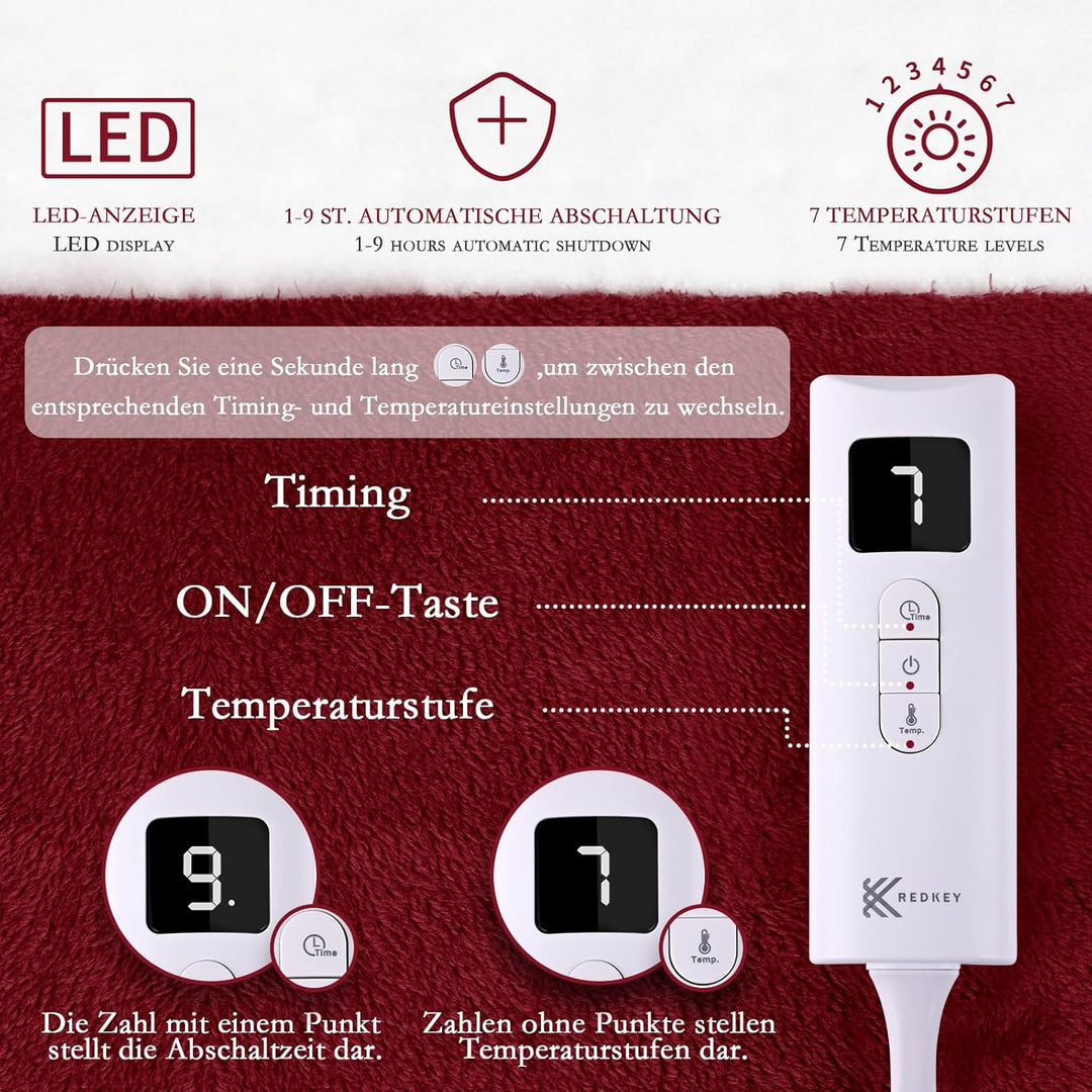 REDKEY Wärmeunterbett mit Abschaltautomatik, Heizdecke Unterbett mit 7 Temperaturstufen, Heizunterbe