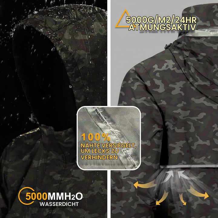 Outdoor Ventures Herren Regenjacke Wasserdichter Pullover mit Kapuze Packbare Reflektierende Jacke L