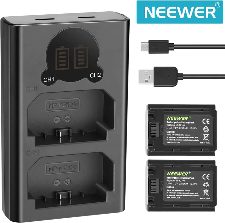 NEEWER NP-FZ100 2280mAh Ersatzakku und Ladegerät mit LCD Bildschirm, 2 Packungen, kompatibel mit Son