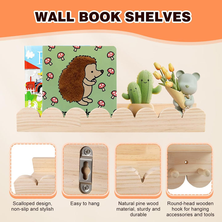 4er Set Wandregal Kinderzimmer - Naturholz Wolke Design+ Garderobe, Bücherregal Wand aus Massivholz,