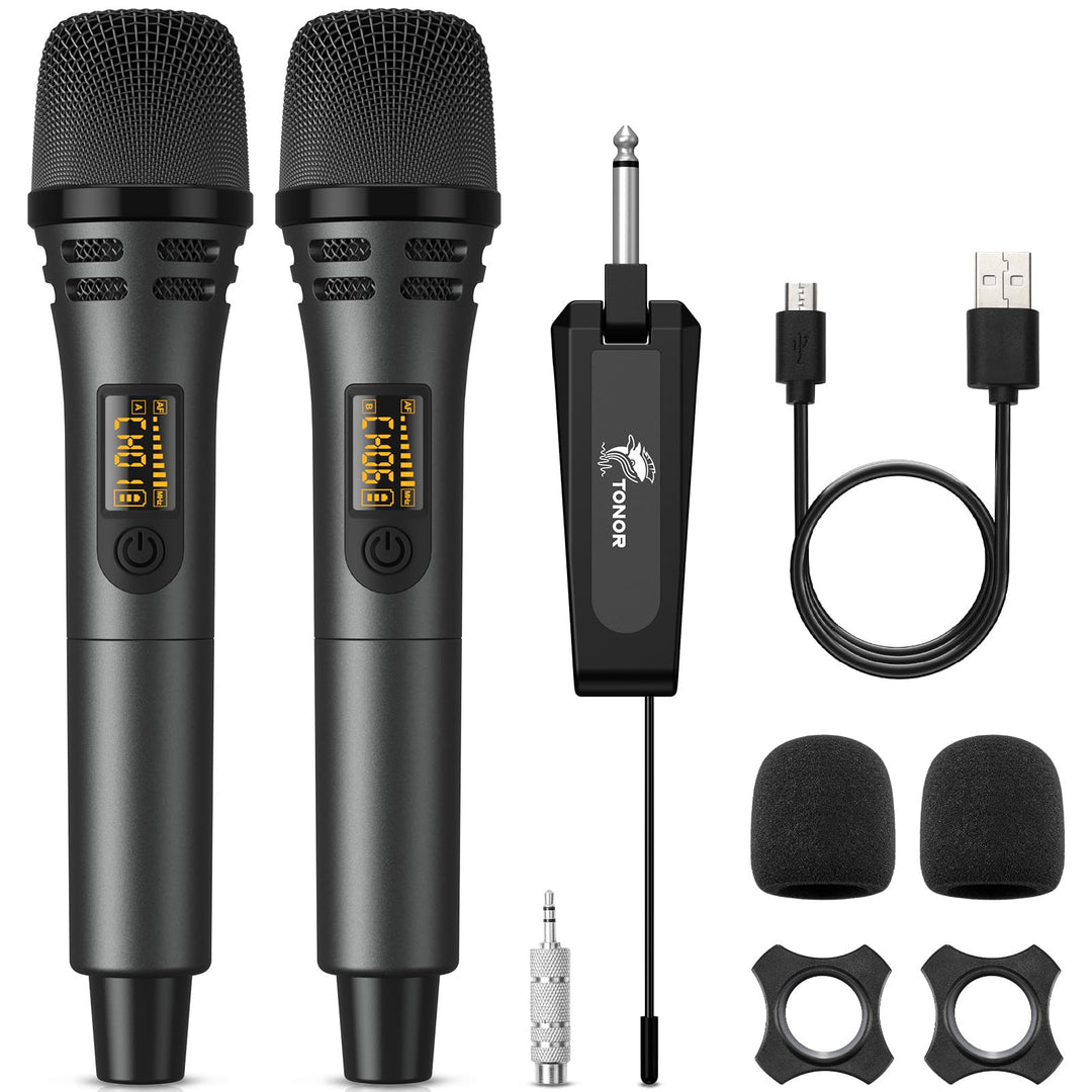 TONOR Kabellose Mikrofone, UHF Duales Karaoke Mikrofon Set mit wiederaufladbarem Empfänger, Kabellos