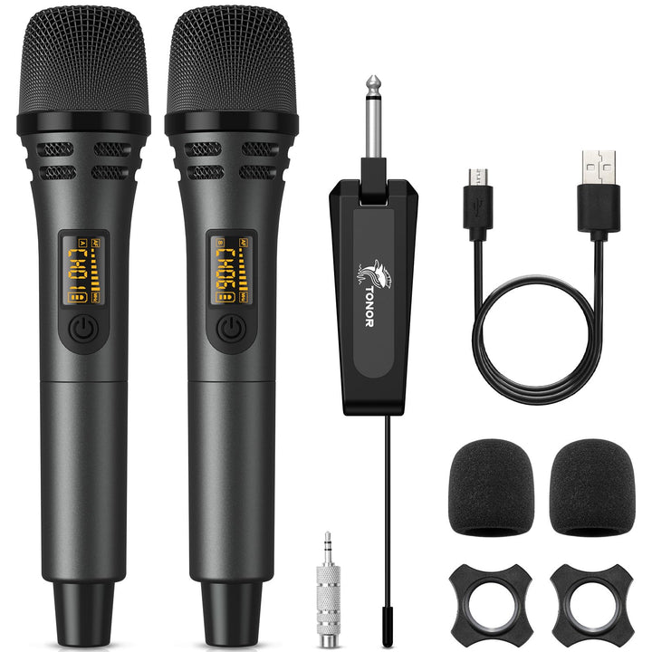 TONOR Kabellose Mikrofone, UHF Duales Karaoke Mikrofon Set mit wiederaufladbarem Empfänger, Kabellos
