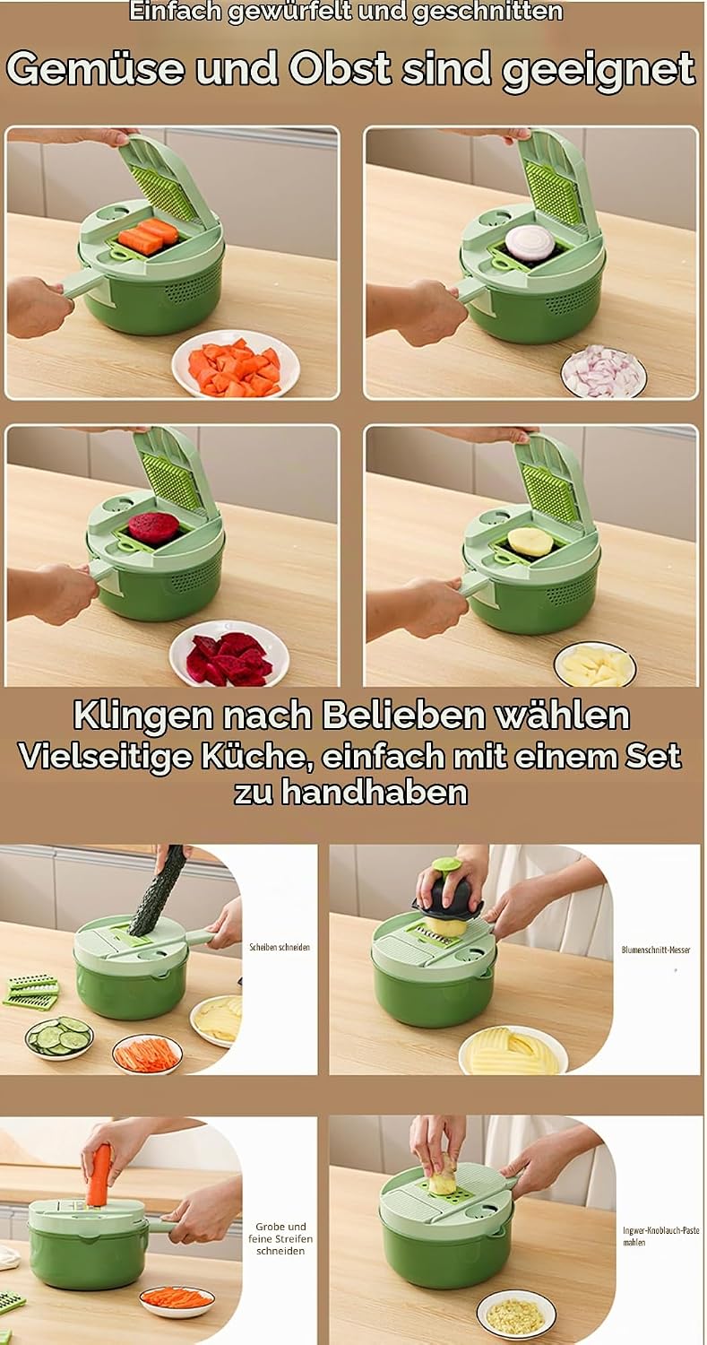 Gemüseschneider 10-in-1 mit Auffangbehälter, Mandoline Gemüsehobel aus Edelstahl, Multifunktionaler