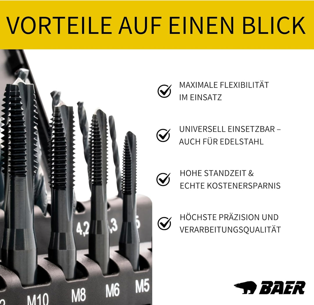BAER Gewindeschneider Set M3 - M12 TriTap HSSE-VAP: Gewindebohrer Set Durchgangsloch - Kernlochbohre
