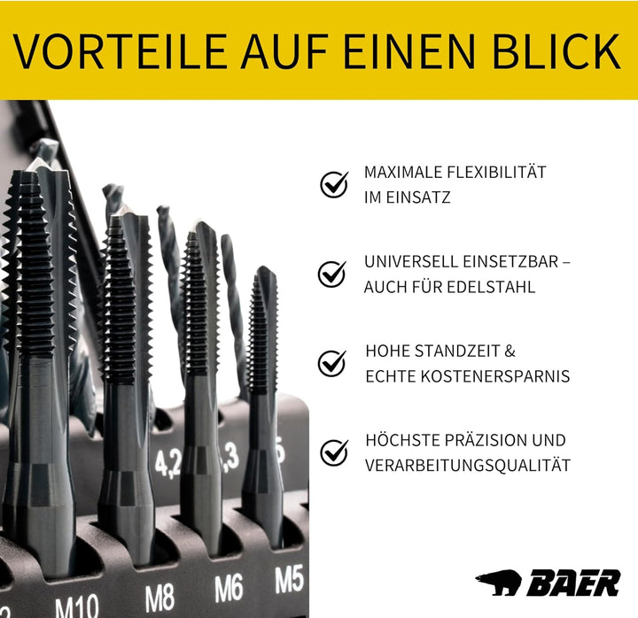 BAER Gewindeschneider Set M3 - M12 TriTap HSSE-VAP: Gewindebohrer Set Durchgangsloch - Kernlochbohre