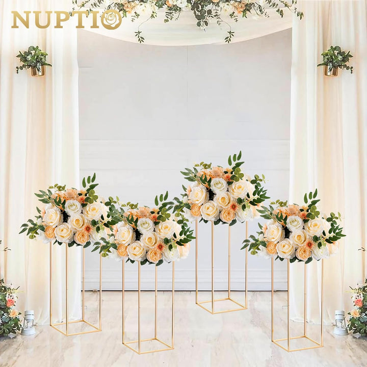 Nuptio 2 Stück Hochzeit Mittelstücke Goldvasen 60cm Hoch Blumenständer Metall Bodenvase Säule Geomet