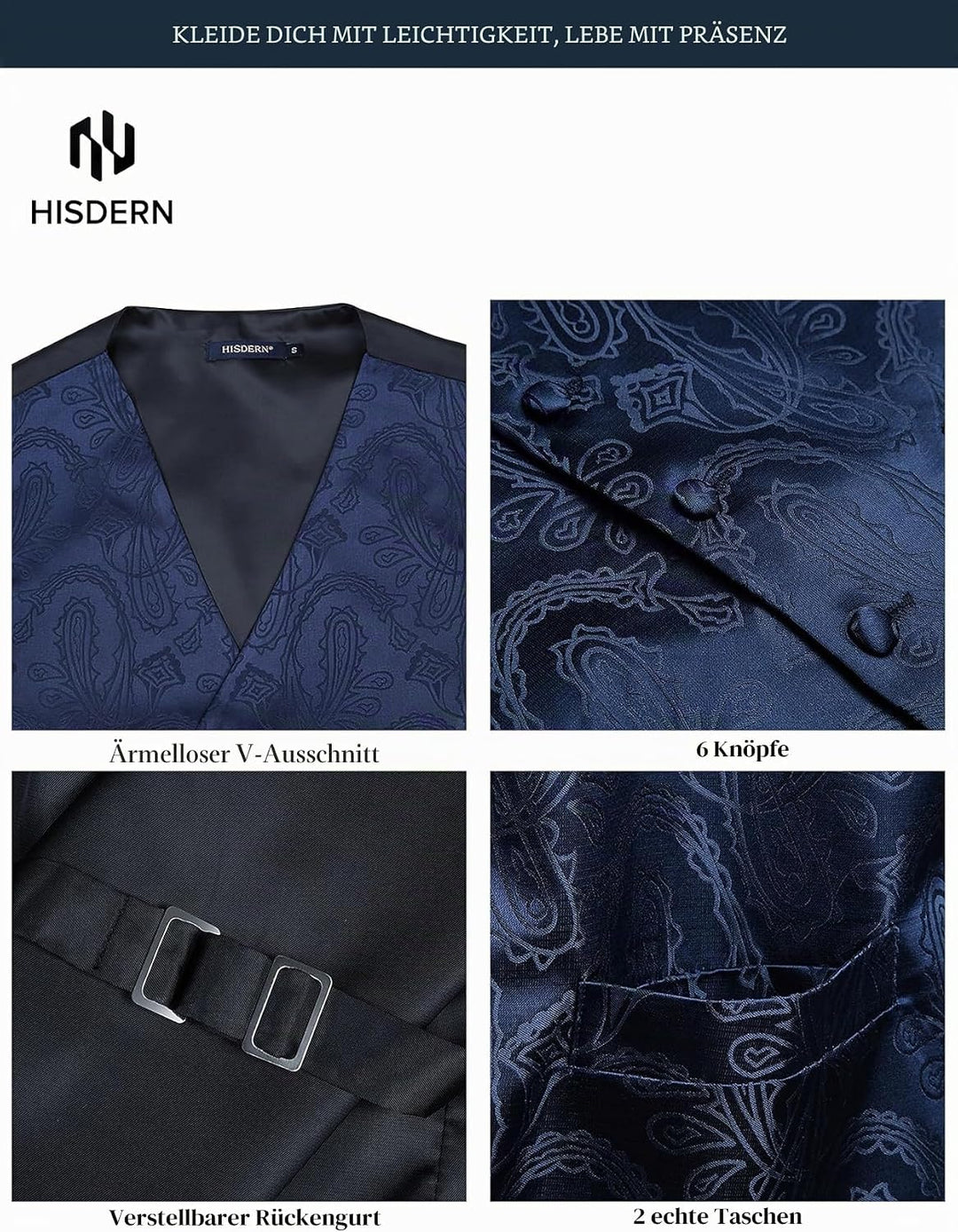 HISDERN Herren FLoral Hochzeit Weste Krawatte Einstecktuch Taschentuch Jacquard Weste Anzug Set XL N