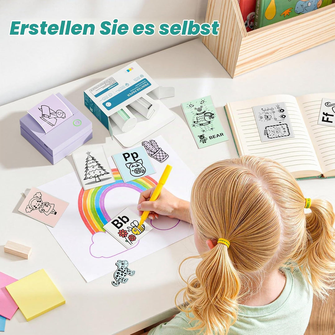 Sticker Drucker, PM290 Mini Drucker für Smartphone, Bluetooth Thermodrucker Mini mit 3 Rollen Papier