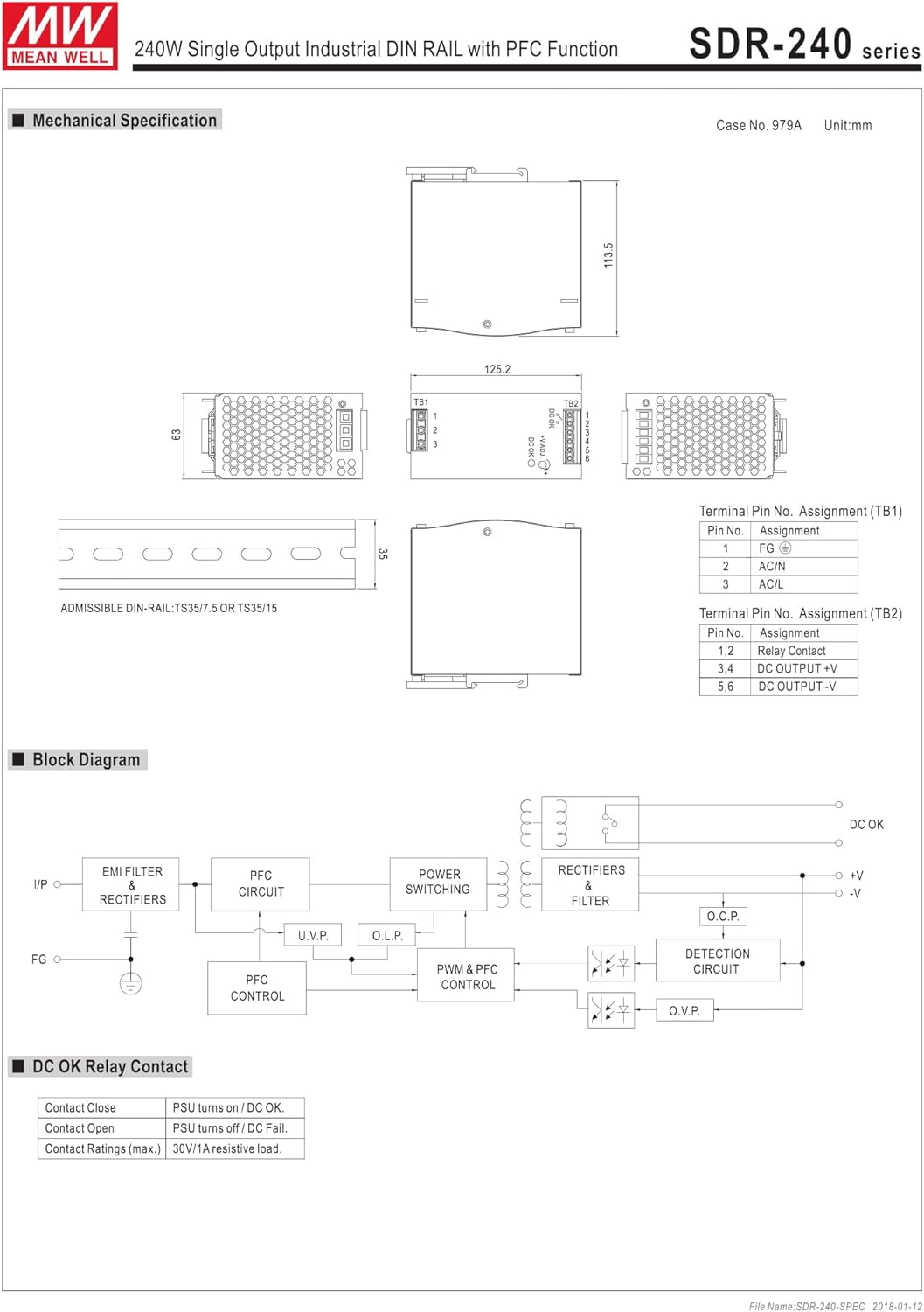 MeanWell 48V SDR-240-48 Netzteil 240W 5A Hutschienennetzteil slim 63mm DINRail