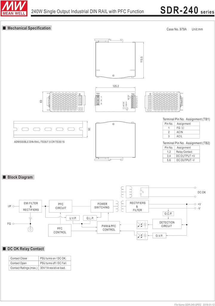 MeanWell 48V SDR-240-48 Netzteil 240W 5A Hutschienennetzteil slim 63mm DINRail