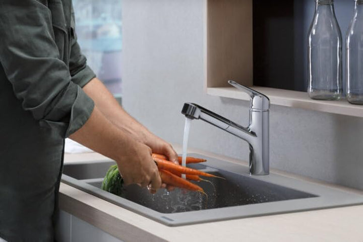 hansgrohe Küchenarmatur mit Schlauchbox (Wasserhahn Küche 120° schwenkbar, hoher und ausziehbarer Au