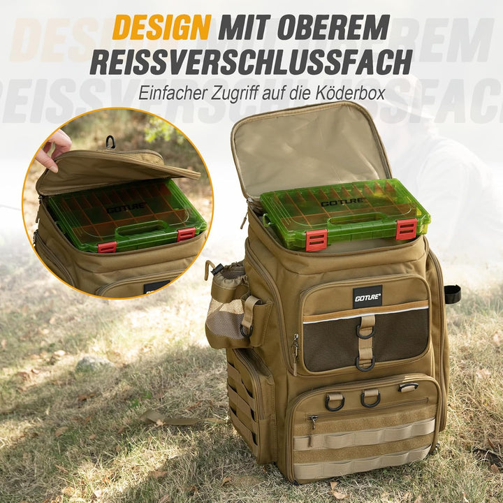 Goture Angelrucksack mit 4 Köderbox Angeln, 55-Liter Angelzubehör-Rucksack mit Zwei Rutenhaltern und