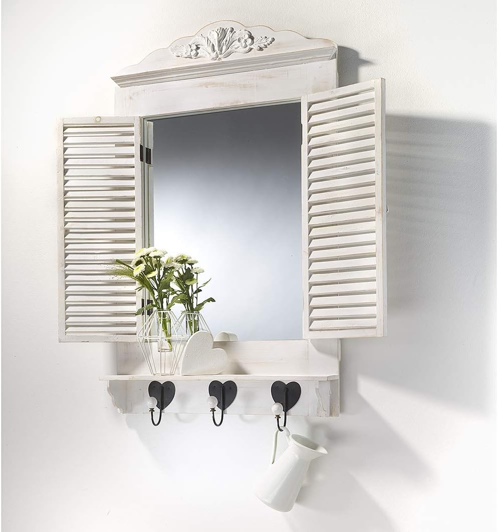 Kobolo Dekofenster Fensterrahmen Spiegel - White Vintage -Fensterläden zum öffnen- 90x55x12 cm