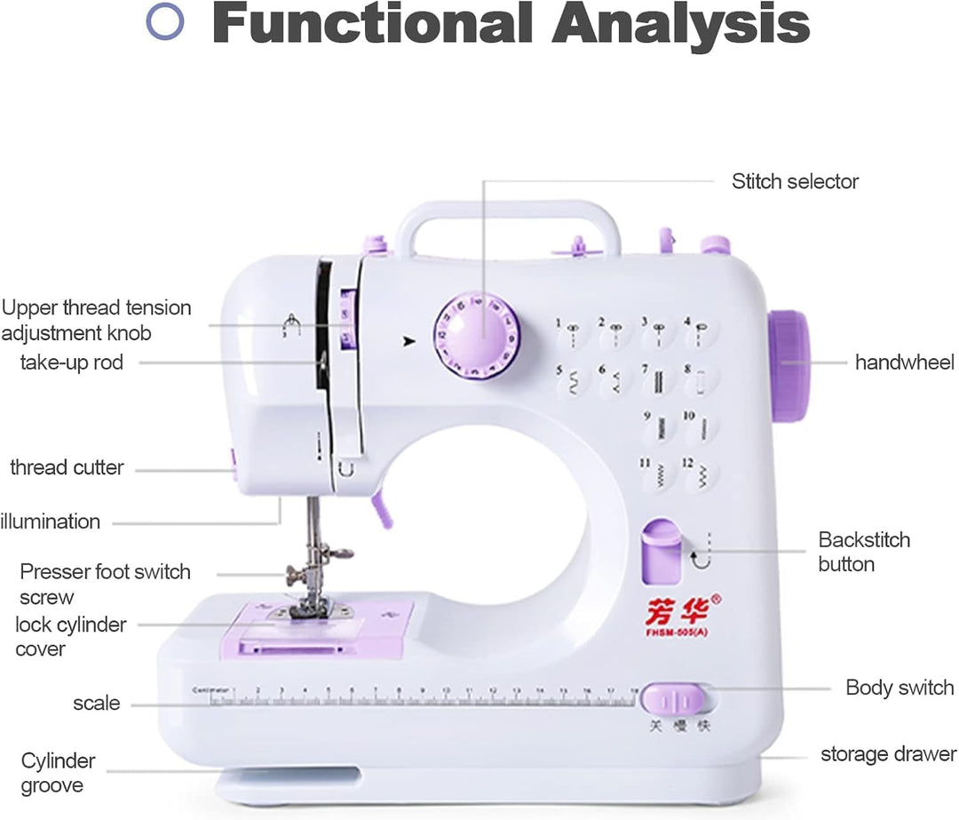 Fyearfly Haushalts Nähmaschine, 505A 12 Stiche Tragbar Mini Doppelfaden Nähmaschine, Professionelle