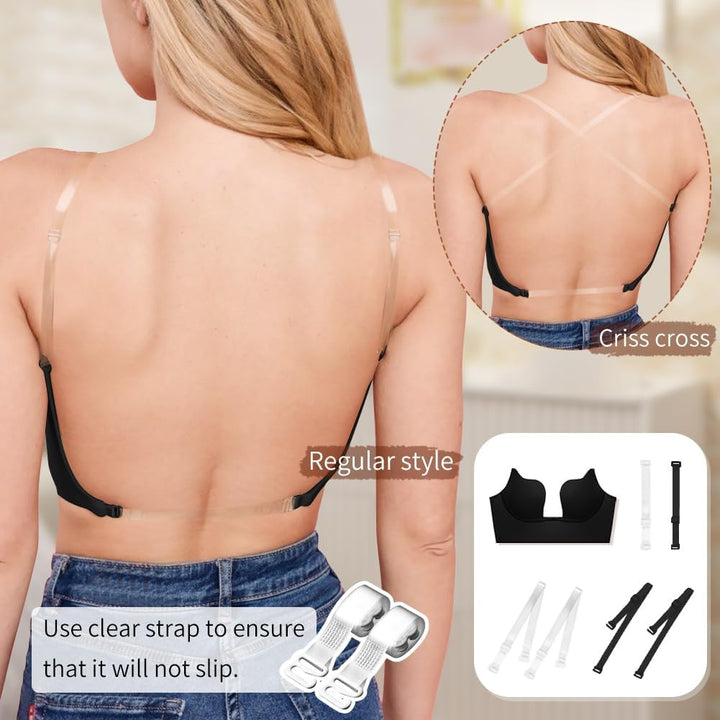 Damen Deep U BH Push Up, Rückenfreier BHS Unterwäsche Abnehmbar Wandelbarer Durchsichtigem Träger, M
