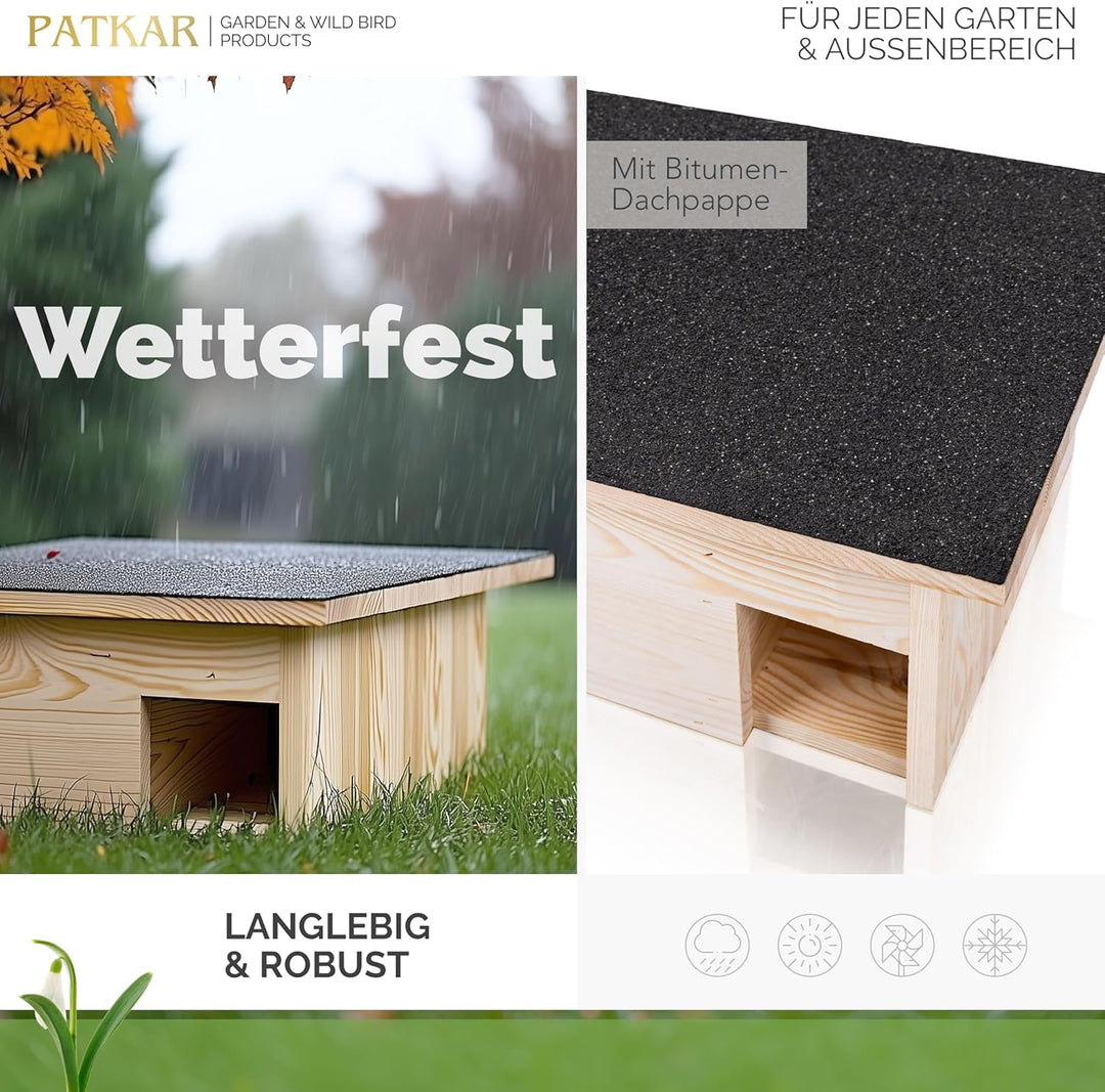 PATKAR Igelhaus Winterfest mit Boden [SCHÜTZT VOR FRESSFEINDEN] - Premium Igelfutterhaus (Made in Eu