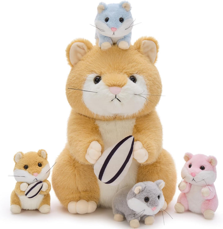 MorisMos 5 stücke Hamster Plüschtier Set, 32cm gross süss Hamster Kuscheltier XXL mit 4 Babys im Bau