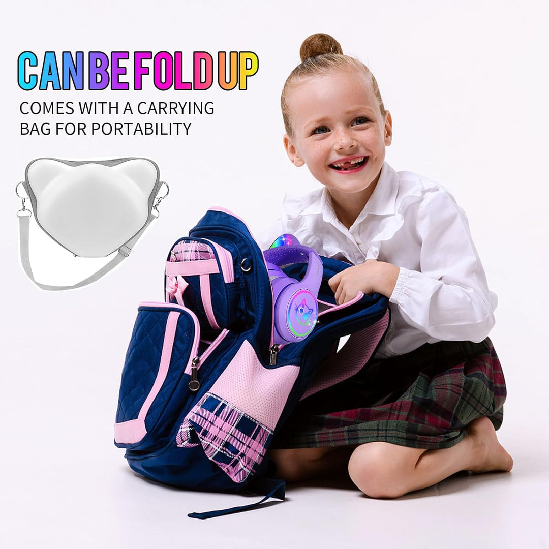 iFecco Bluetooth Kopfhörer Kinder mit Mikrofon,Kinder Kabellos Kopfhörer mit Tasche,LED-Leuchten Kat
