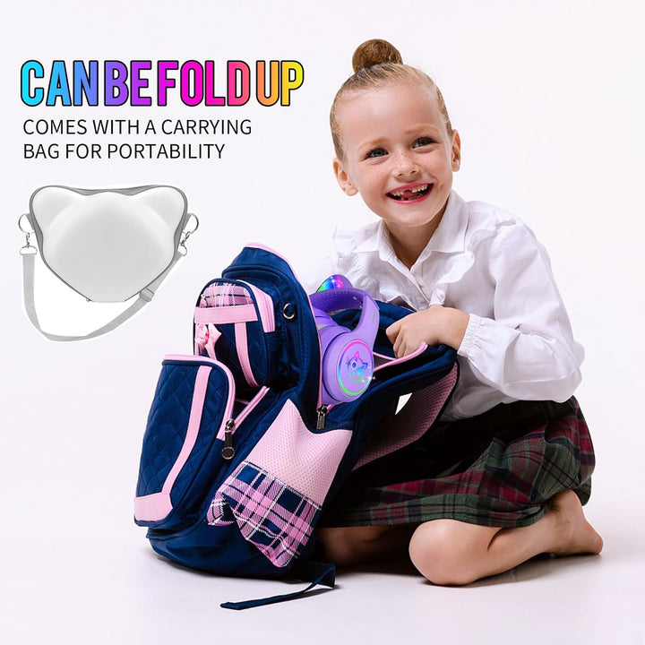 iFecco Bluetooth Kopfhörer Kinder mit Mikrofon,Kinder Kabellos Kopfhörer mit Tasche,LED-Leuchten Kat