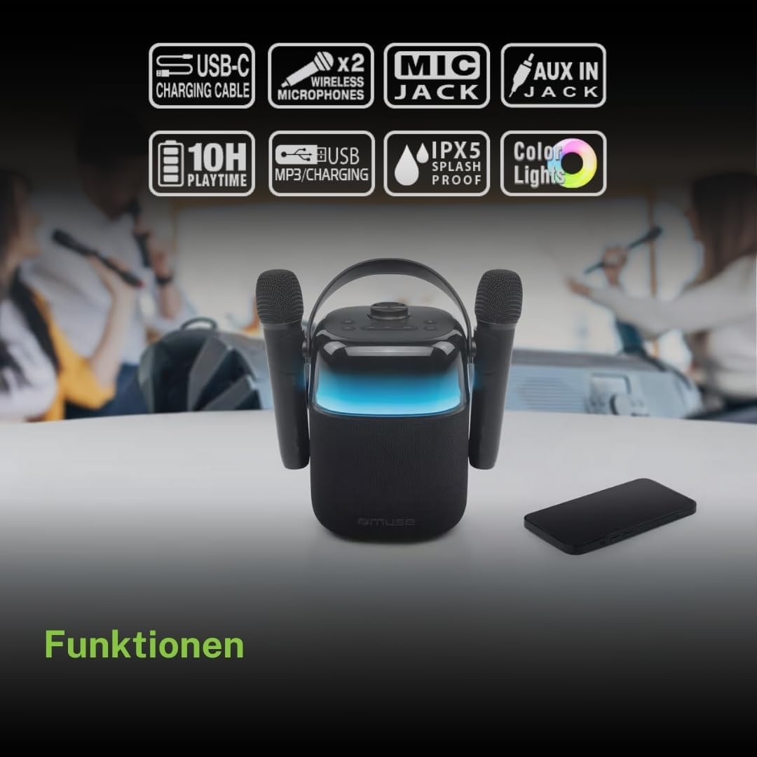 M-530 KA Bluetooth Karaoke Speaker | Kabelloser Soundspass mit Lichteffekten & 2 Mikrofonen für unve