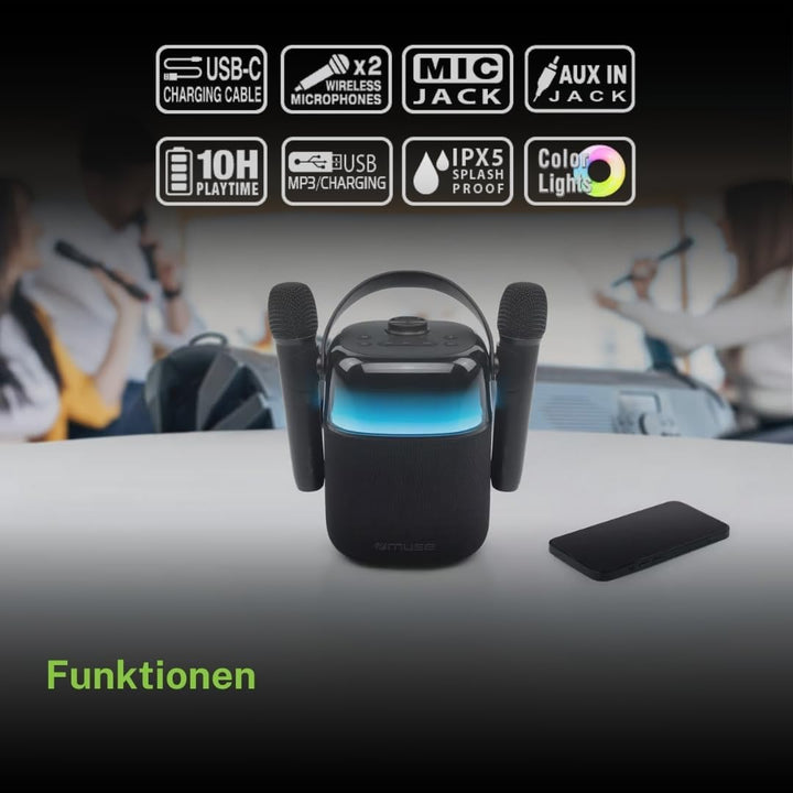 M-530 KA Bluetooth Karaoke Speaker | Kabelloser Soundspass mit Lichteffekten & 2 Mikrofonen für unve