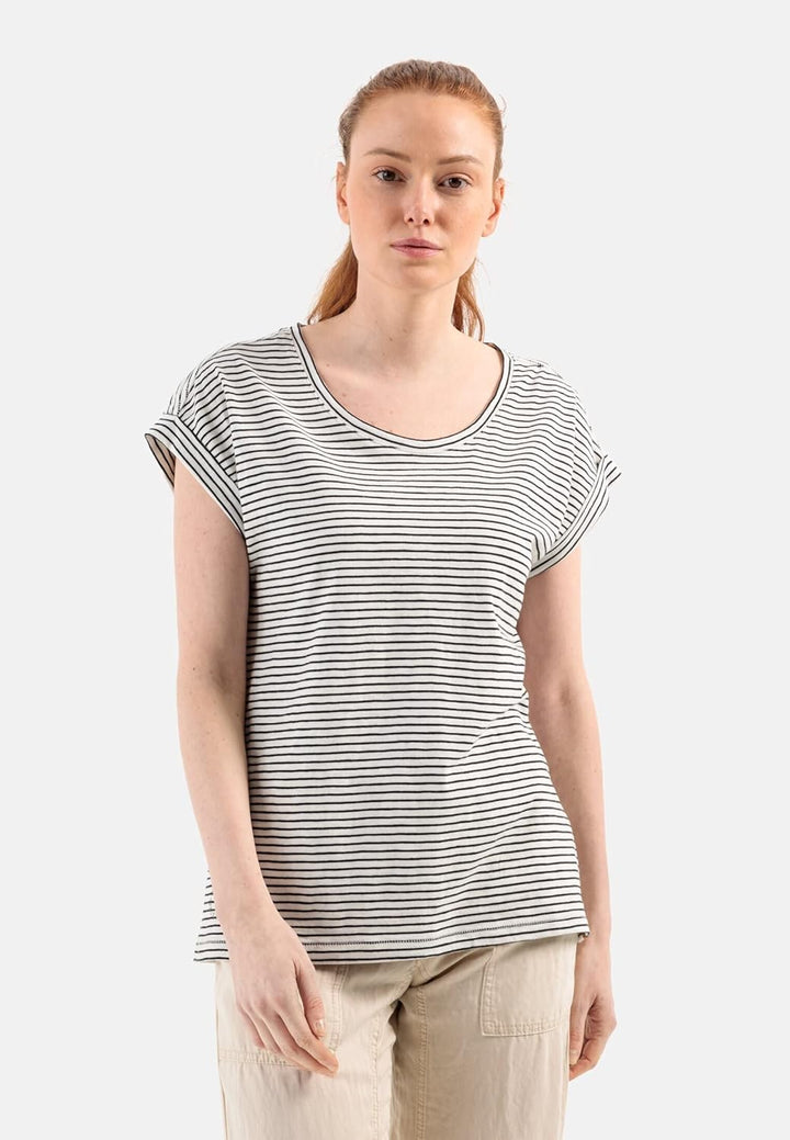 camel active Damen Gestreiftes Kurzarm Reiner Baumwolle T-Shirt XS Grau, XS Grau