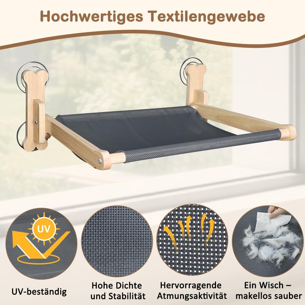 SZEE Katzen Fensterliege Massivholz mit Doppelseiten-Kissen (Ice Silk + Flanell), Katzen Hängematte