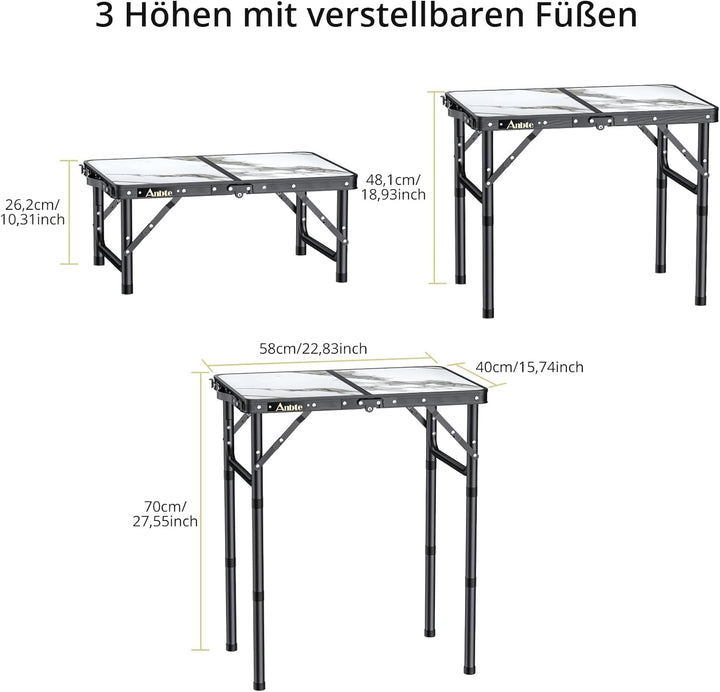 Anbte Campingtisch Tragbar 58x40x70 cm aus Alu, Marmorplatte mit 3 Verstellbare Höhe, Balkontisch Bi