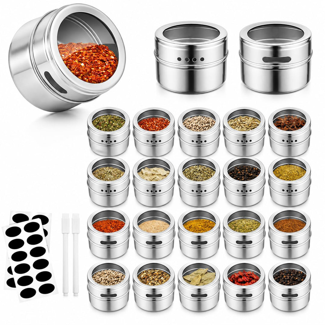24 Stück Magnetische Gewürzdosen aus Edelstahl, Magnet Gewürz Aufbewahrung Dosen Set mit Transparent
