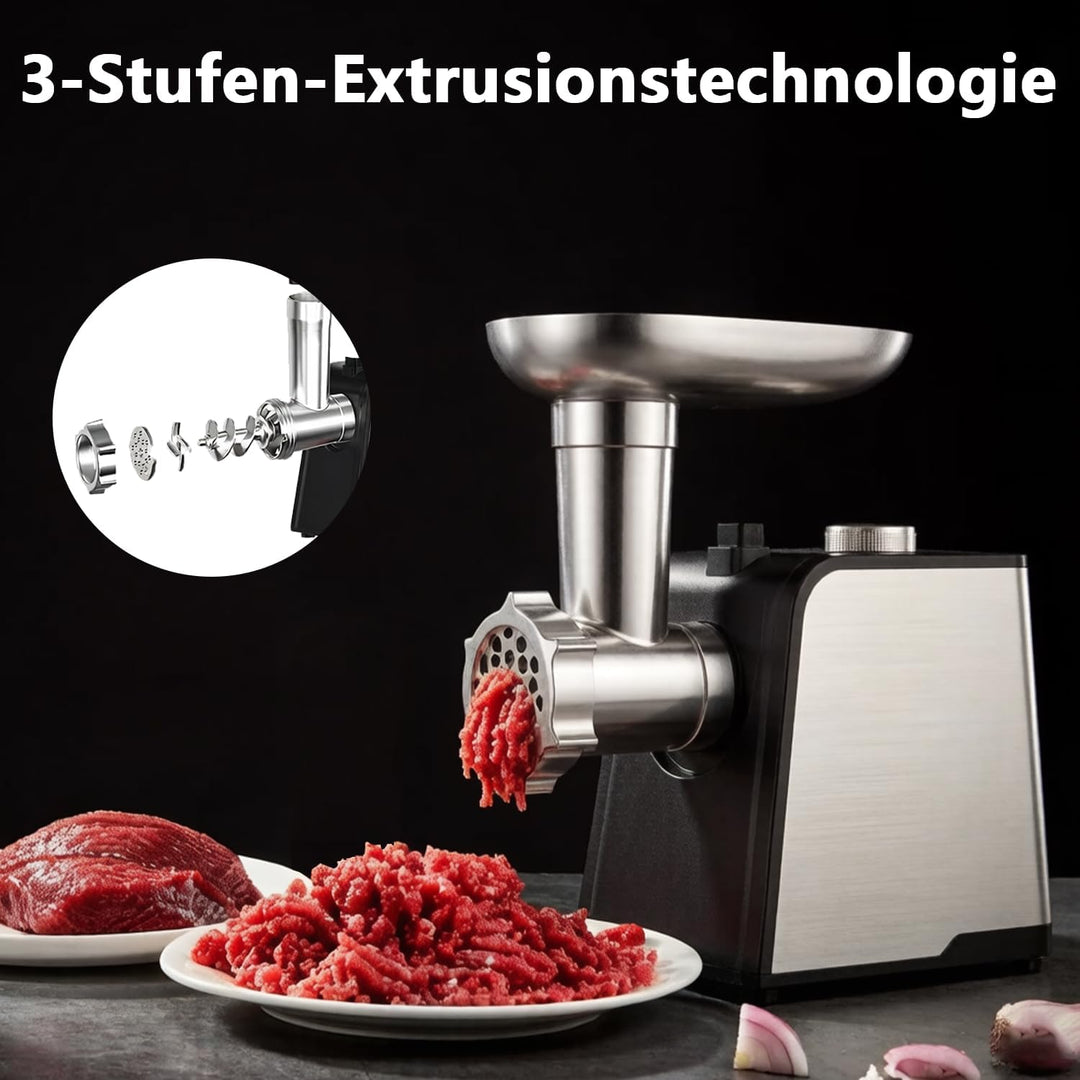 Edelstahl Elektrischer Fleischwolf, 3 in 1 Multi Fleischwolf mit 3 Schleifplatten, 2 Schneidemesser,