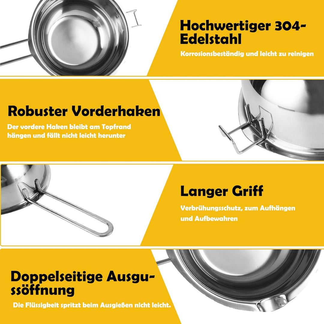 3 Stück Kerzenwachs Schmelztopf, 400ml, 600ml, 1000ml Schokolade Schmelzen Topf, 304 Edelstahl Wasse