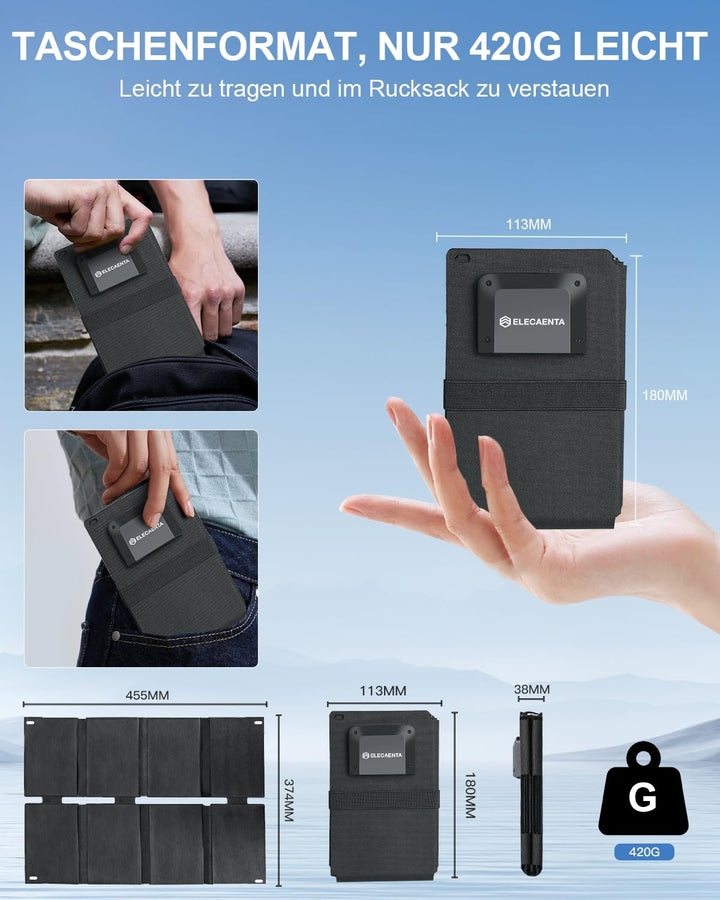 ELECAENTA 25W HPBC ETFE Faltbares Solar Ladegerät, Taschenformat Mini Solarpanel mit USB-A & USB-C,