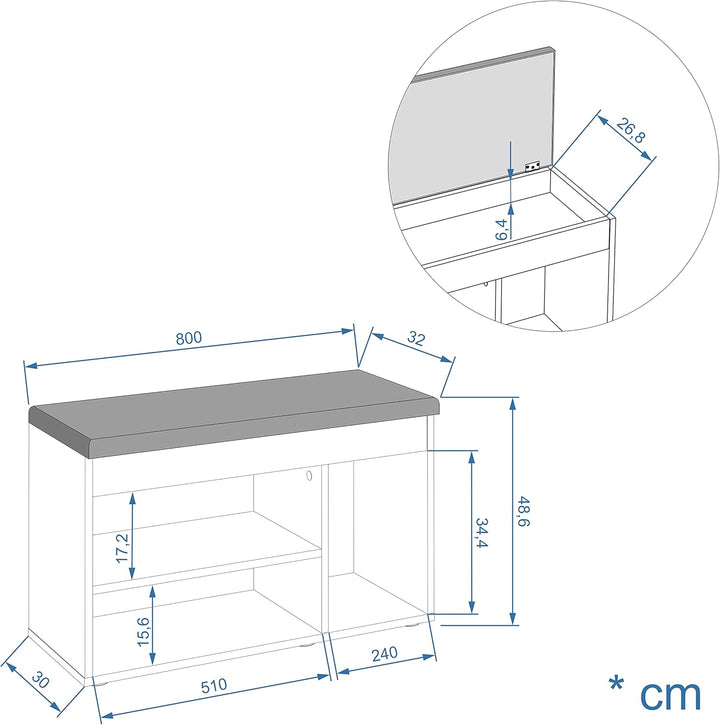 KOMTO Schuhbank mit Sitzfläche - Schuhregal Bank mit Stauraum Weiss 80 x 48 x 32 cm Schuhschrank mit