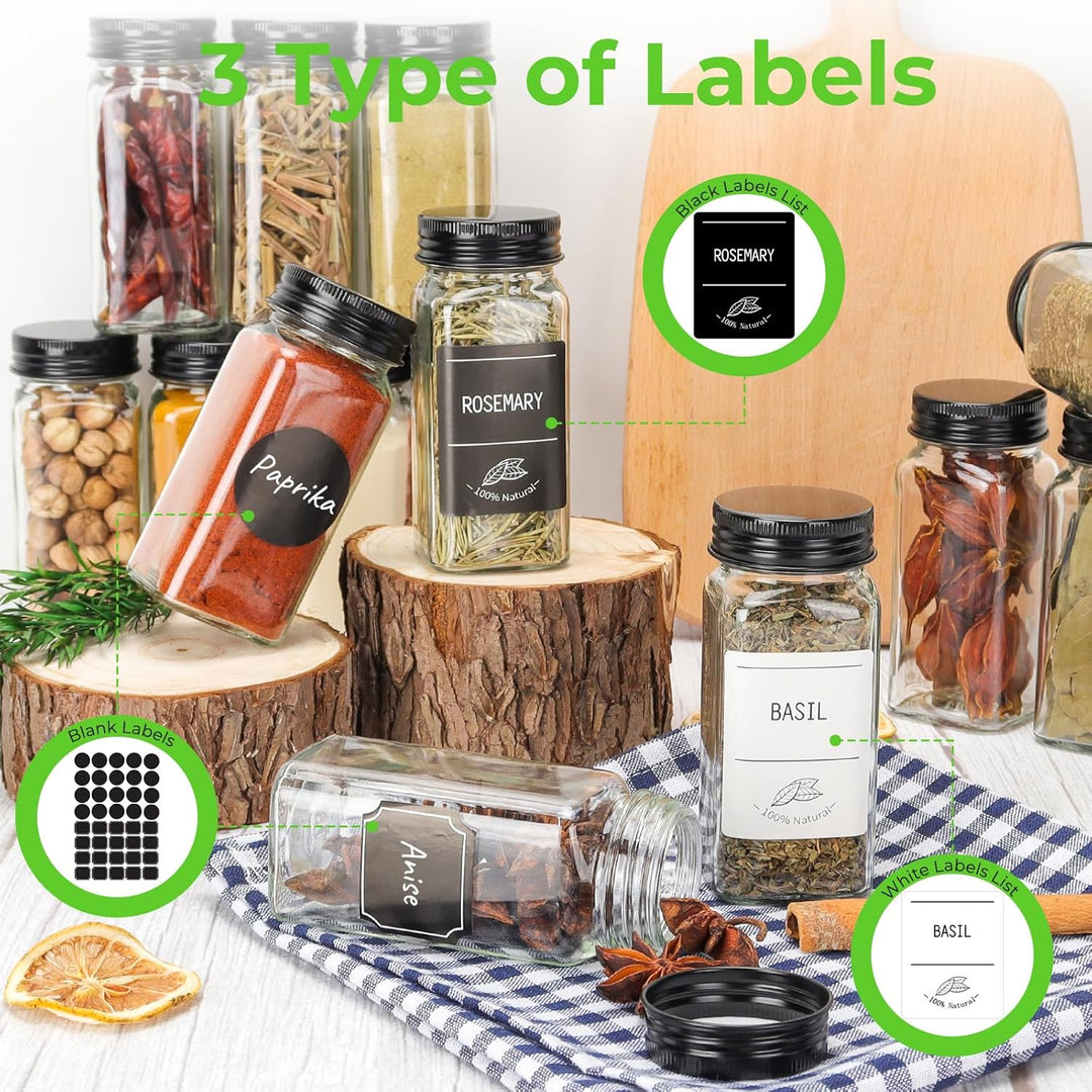 24 Premium Glass Spice Jars (4oz/120ml) with Black Metal Lids - Complete Set with Spice Labels, Shak
