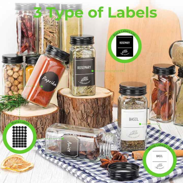24 Premium Glass Spice Jars (4oz/120ml) with Black Metal Lids - Complete Set with Spice Labels, Shak