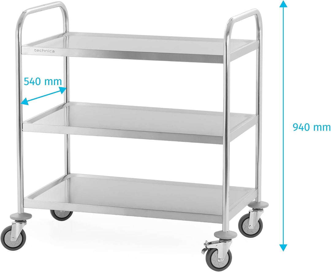 TECHNICA Servierwagen Edelstahl 3 Etagen mit Rollen & Bremse Rundgriff 860x540x940mm Rollwagen Küche
