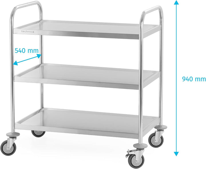 TECHNICA Servierwagen Edelstahl 3 Etagen mit Rollen & Bremse Rundgriff 860x540x940mm Rollwagen Küche