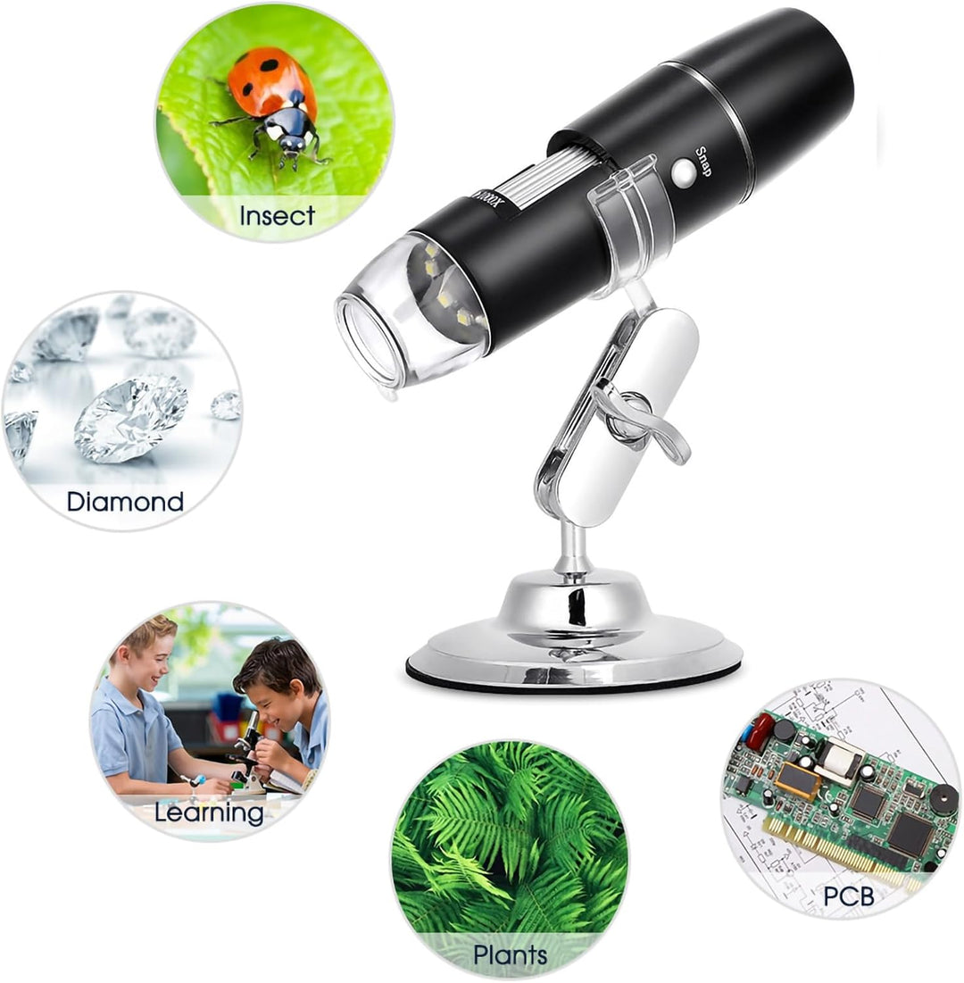 USB Mikroskop Digital, 0X-1000X LED Handy Mikroskop Taschenmikroskop mit Verstellbarem Ständer WiFi-