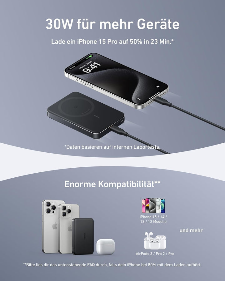 Anker MagGo Powerbank, Ultra-schlankes 10.000mAh magnetisches Akkupack, Qi2-zertifiziert, portabel,