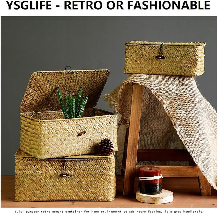 YSGLIFE Aufbewahrungsbox aus Seegras Bastkorb Korb mit Deckel Aufbewahrungskörbe Regalkörbe Weidenko