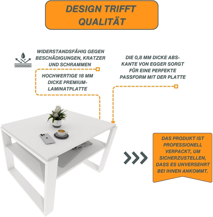 CraftPAK Wohnzimmer Tisch für Couch aus hochwertigem Holzwerkstoff, Stabiler & moderner Couchtisch m
